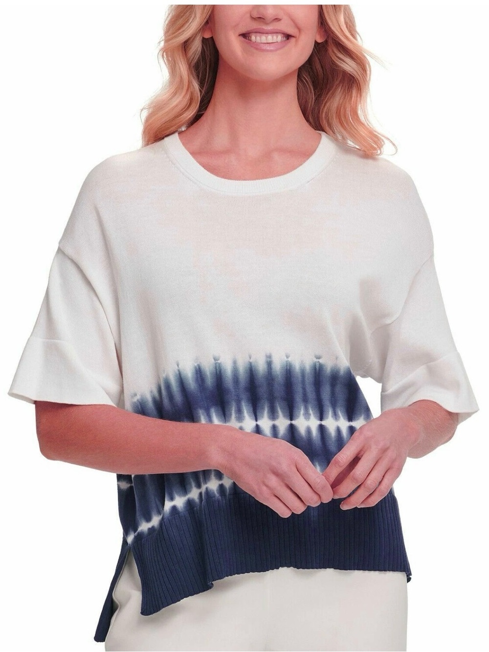 DKNY White and Navy Ribbed Cotton Tie-Dye Short Sleeve Crewneck Top